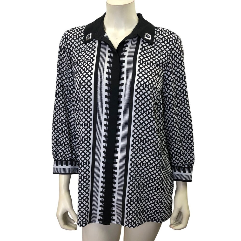 Slim Factor by Investment Geometric Print Blouse Collar & 3/4 Sleeves Womens SM